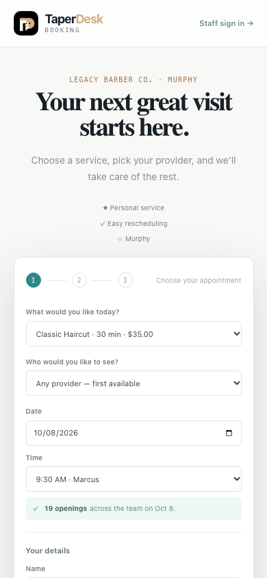 TaperDesk customer booking flow on mobile
