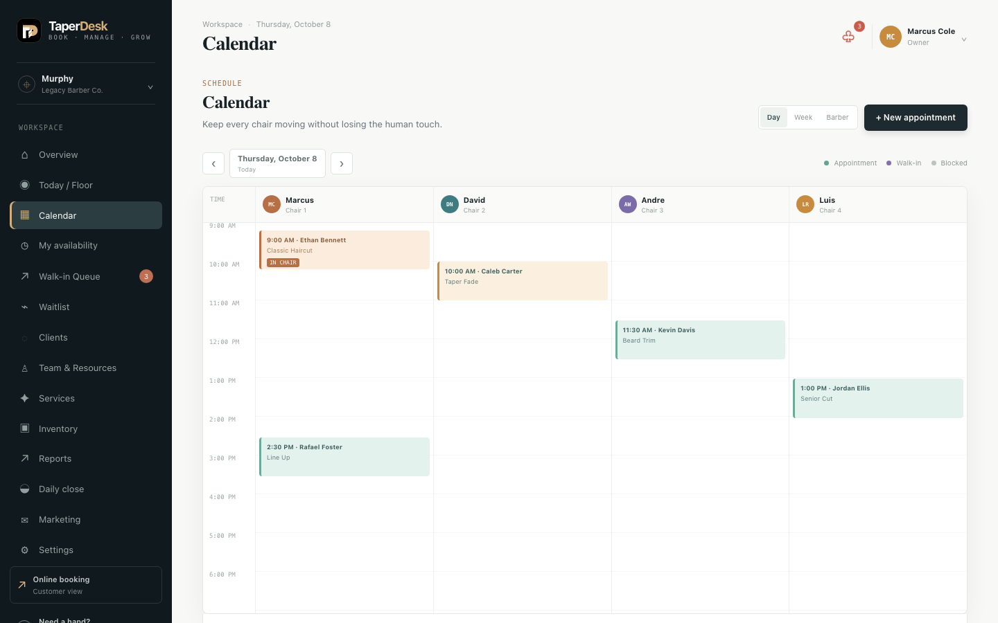 TaperDesk calendar showing provider schedules and appointments