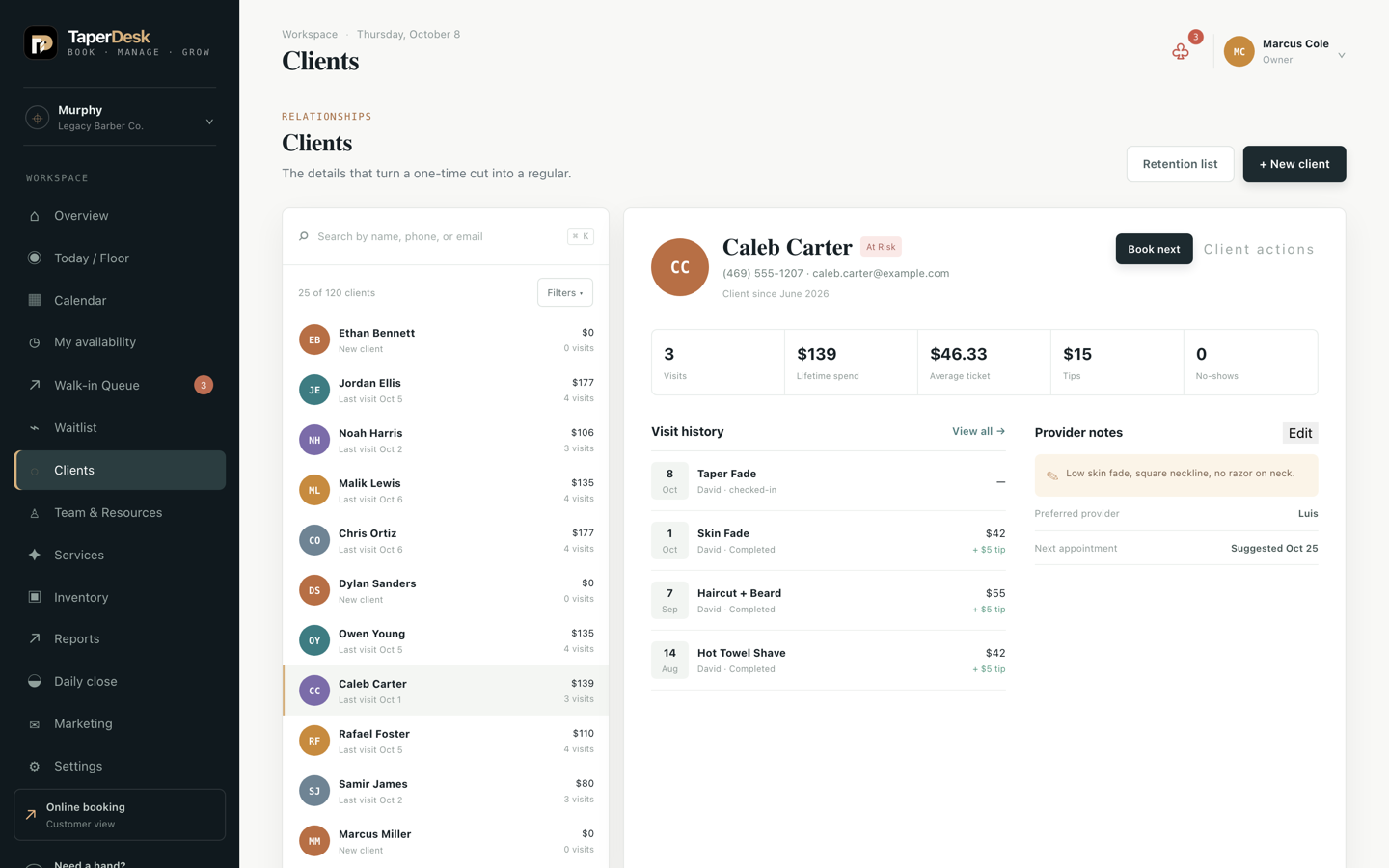 TaperDesk salon customer profiles