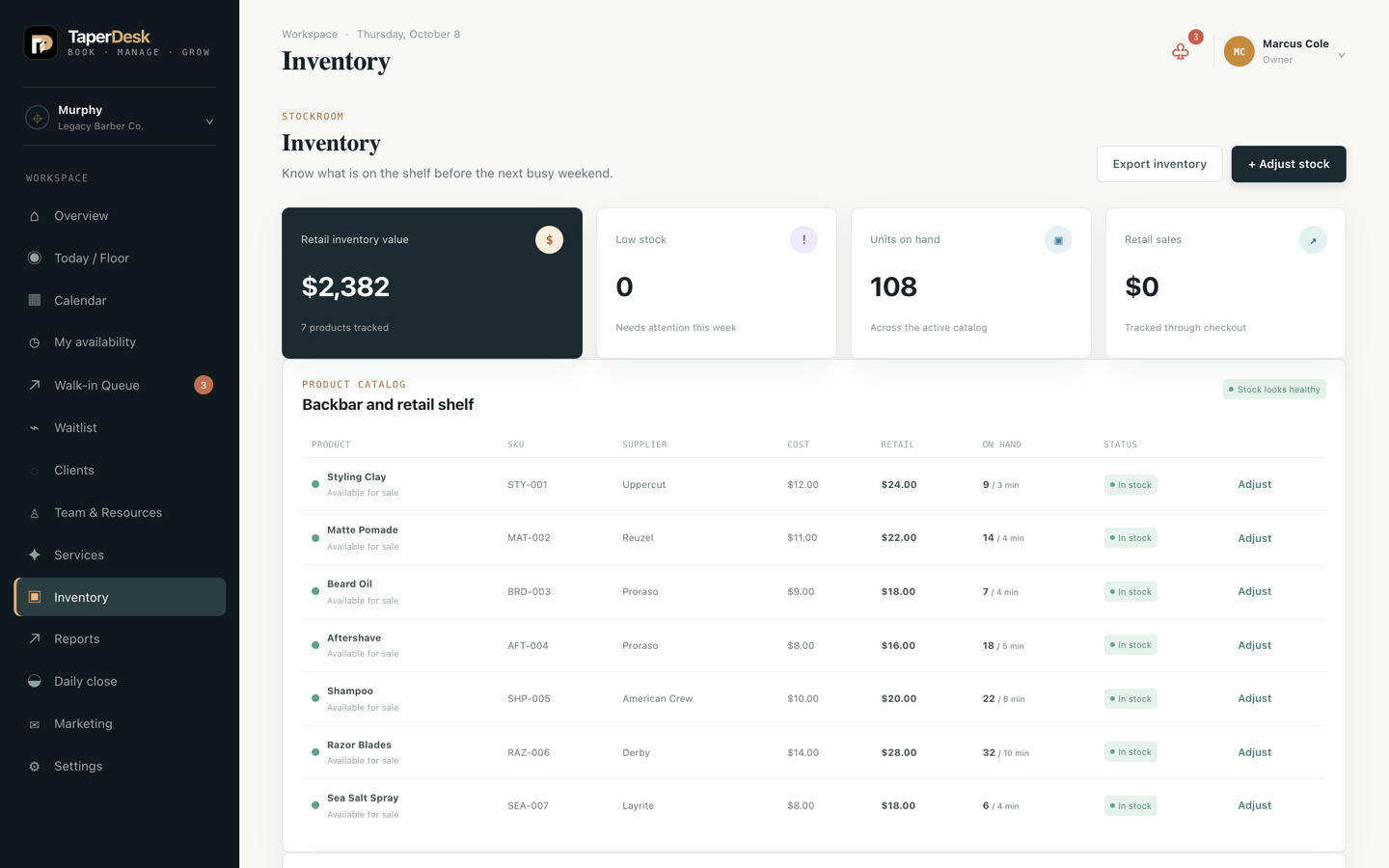 TaperDesk product inventory