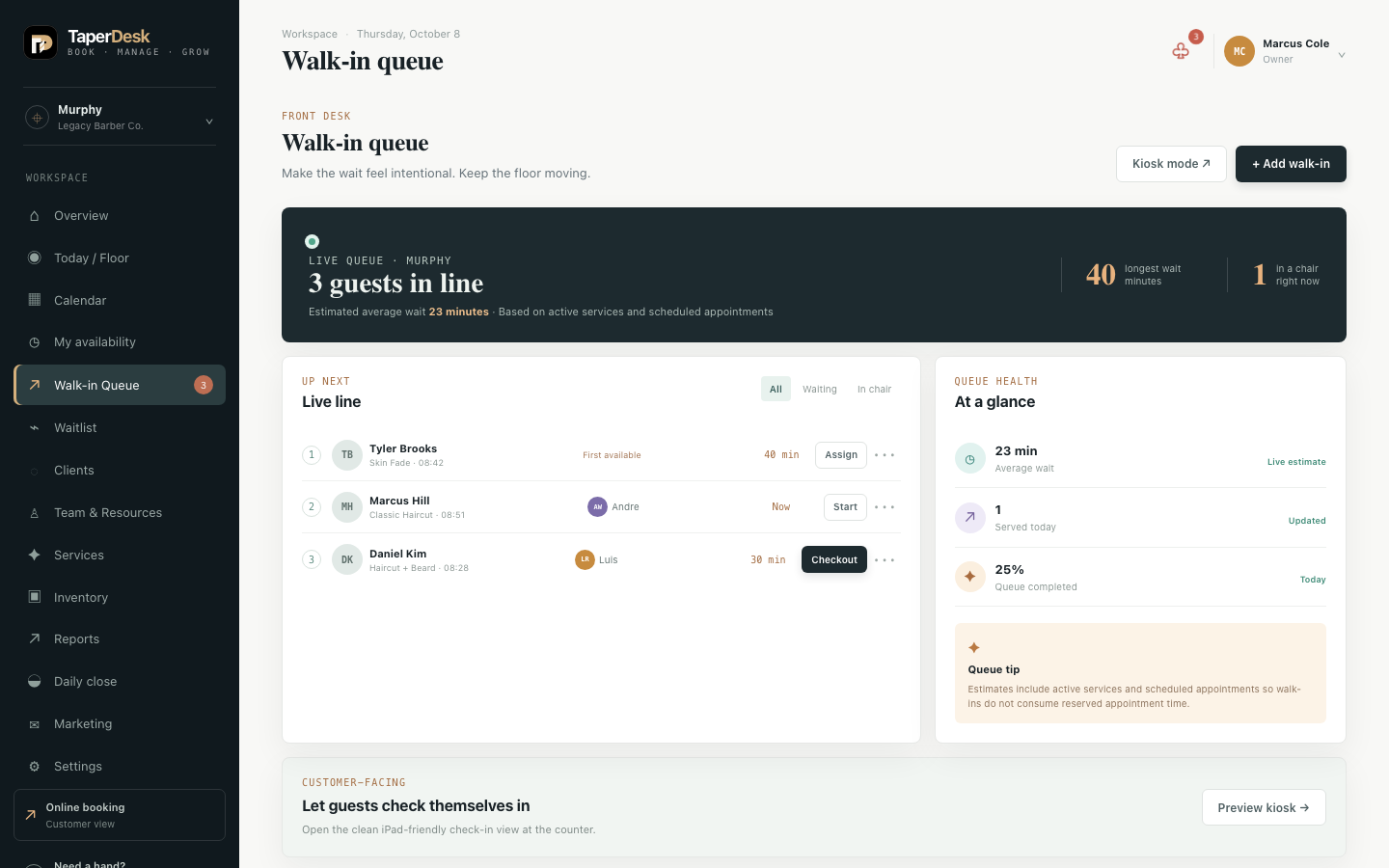 TaperDesk walk-in queue with estimated wait times